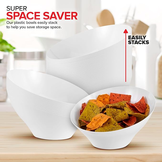 54oz White Plastic Serving Bowls (4 Pack) Large Disposable Snack Bowl Candy Dishes, Buffet Containers, Chips, Popcorn, Snacks, Punch, Salad Bar, Parties, Office Desk, Bridal Shower, Party Supplies