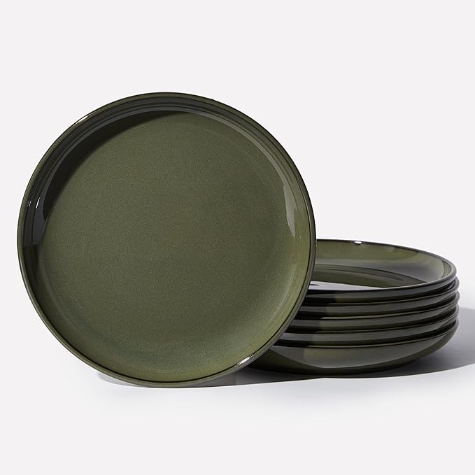 Pokini 8 Inch Ceramic Plates Set, Microwave Safe Plates, Kitchen Serving Dishes, Scratch Resistant and Dishwasher Safe, Blackish Green