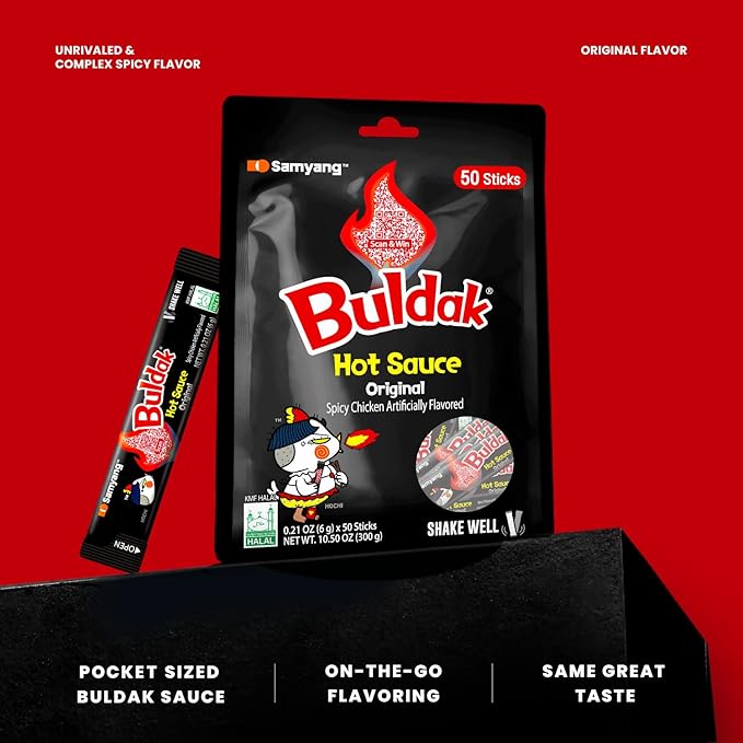 Samyang Buldak Korean Spicy Hot Chicken Stick Sauce Original Flavor Authentic Korean Sauce for Ramen Snacks and Dipping 0.17 fl oz (Pack of 50)