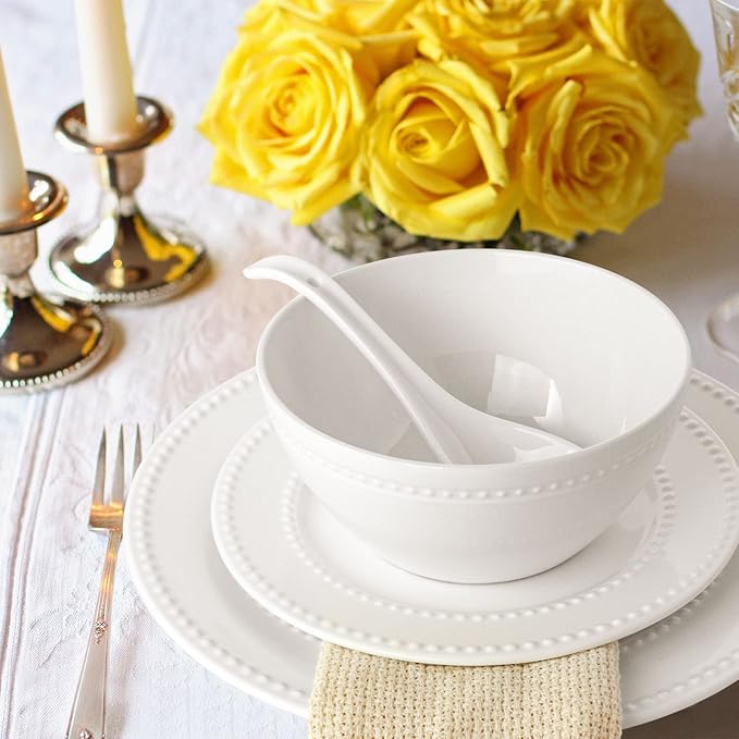Dinner Plates Set of 4, 10.5 inch White Ceramic Plates, Embossed Salad Plates, Serving Plates for Steak Appetizer, Reusable Kitchen Dining Plates for Restaurant, Dishwasher Microwave Safe