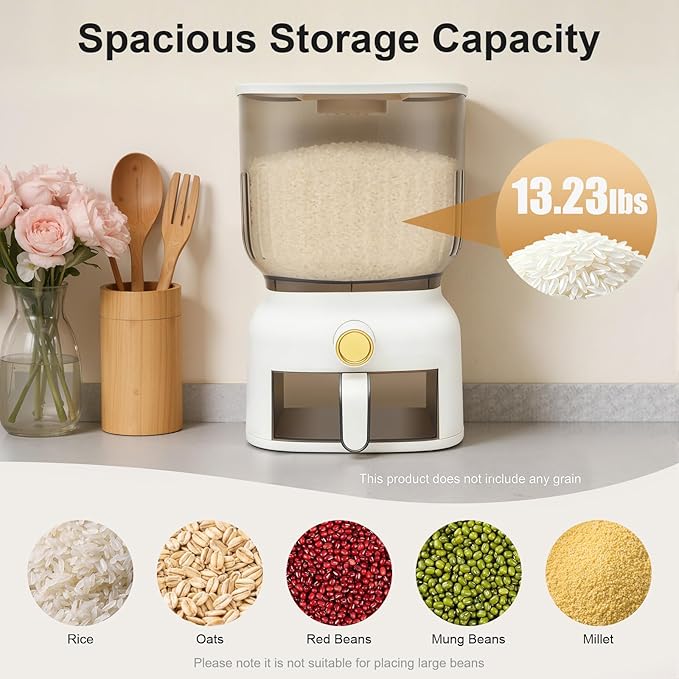 Rice Dispenser, 6kg/13.23 lbs Large Grain Storage Container Sealed Moisture Proof with Cup, Time Scale, Top Box, Kitchen Pantry Household Cereal Dispenser Bucket for Rice Beans Grains Dry Food