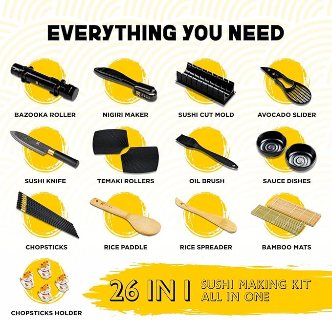 Alas Sushi Making Kit- Complete Sushi Making Kit for Beginners & Pros Sushi Makers, Perfect Sushi Making Kitchen Accessories Like Sushi Knife, 2 Sushi Mats, Rice Bazooka, Dipping Plate, & More (Black)
