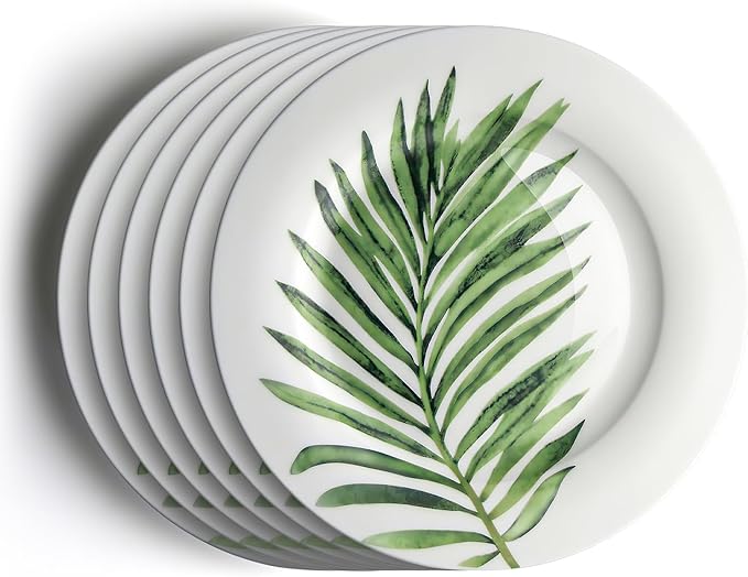 IQCWOOD Fine Bone China 8" Salad Plate with Leaf Pattern, 6-Piece Dessert Appetizer Flat Plates, Modern Round Plate, Microwave & Dishwasher Safe