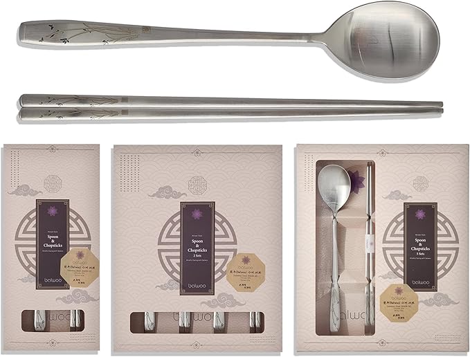 [2 Sets] [Made in Korea] Orchid Design Korean Style Sticky Rice Spoon Chopsticks Set 304 Stainless Steel Soup Spoon Ramen Chopsticks Flatware (2 Sets)