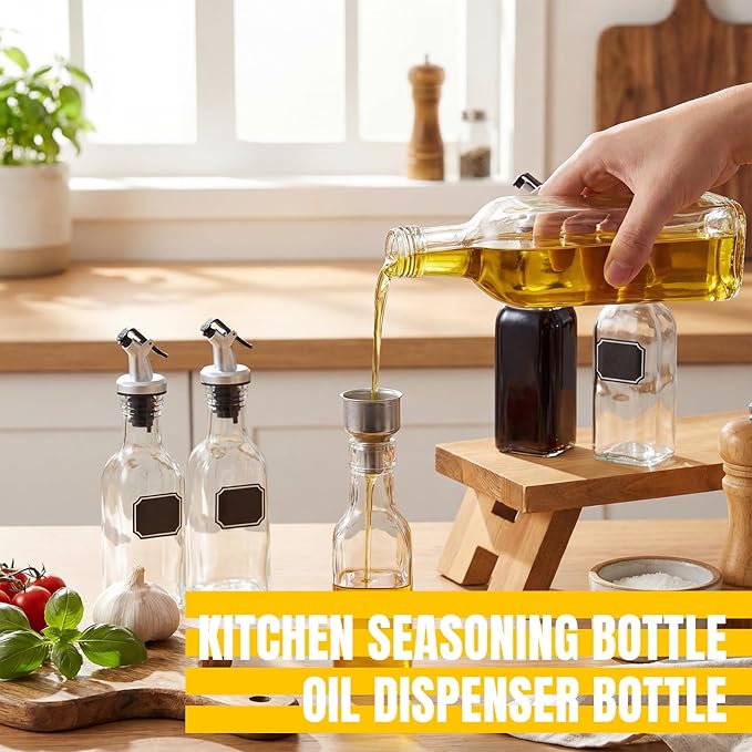 Hushee 18 Pcs Clear Glass Olive Oil Dispenser Bottles Sets Include 5oz Glass Bottle with Spout Vinegar Cruet Container for Kitchen Stainless Steel Funnel Black Label with White Pen