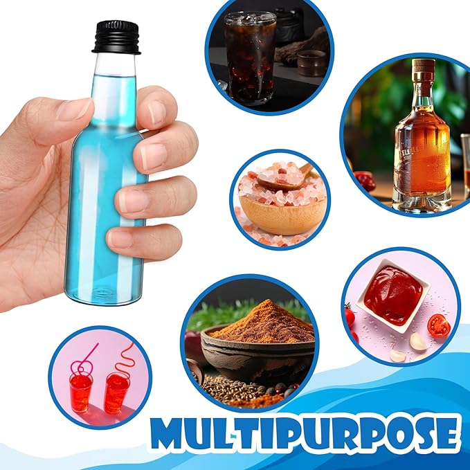 50 Pack 2 oz Mini Liquor Bottles with Black Cap,Airtight Plastic Spirit Bottle with 10 Funnels,Plastic Alcohol Shot Bottles for Weddings,Party Supplies