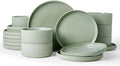 Famiware Star 18-Piece Reactive Glaze Plates and Bowls Sets, Service for 6 - Stoneware Dinnerware Set, Modern Rustic Ribbed Dishes, Chip/Scratch Resistant, Microwave/Dishwasher Safe, Matte Sage Green