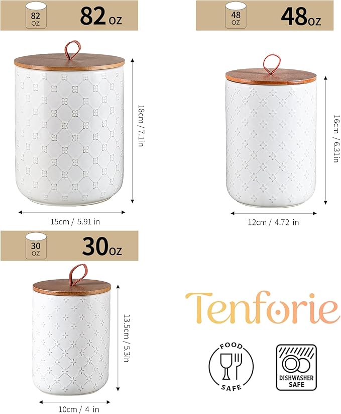 Ceramic Canisters Set with Airtight Lids, 82/48/30 oz Coffee Canisters Sets for the Kitchen, White Large Jars for Flour, Sugar, Pasta, Coffee, Cookies, Tea - Set of 3, Embossed Pattern