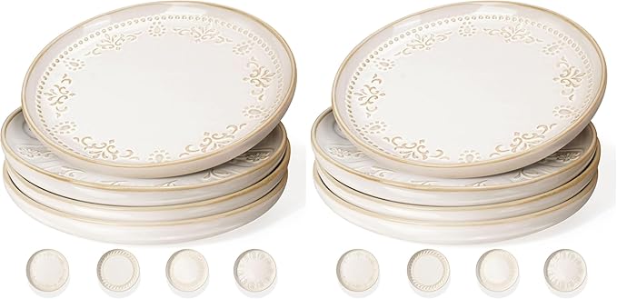 Artena Salad Plates Set Of 4, 8.5 Inch Embossed Small Ceramic Dinner Plates for Appetizer Dessert, Kitchen Plates With Lipped Edges, Microwave Oven Dishwasher Safe (Multiple Patterns) (Pack of 2)