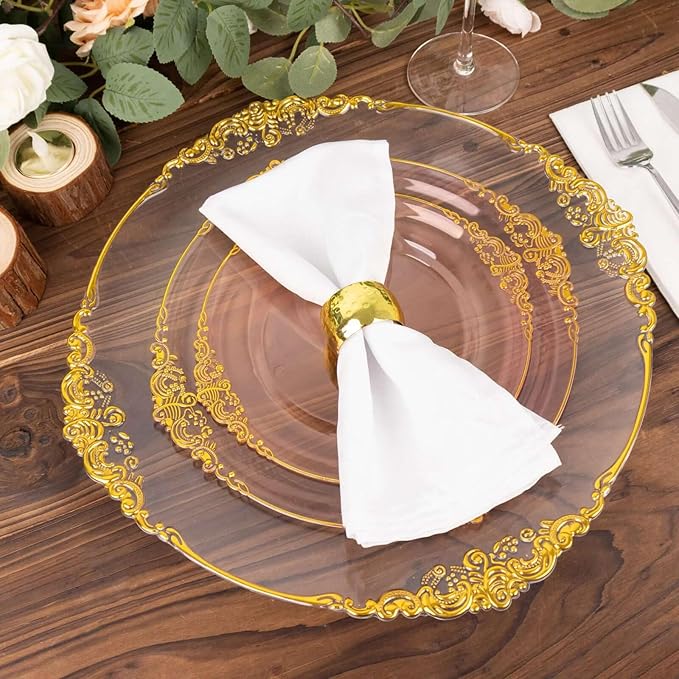 Efavormart 10 Pack | 10" Translucent Blush and Gold Baroque Dinner Plates, Leaf Embossed Metallic Rim Shatterproof Serving Plates for Romantic Receptions