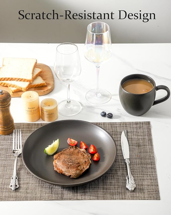 Ceramic Plate，10 Inch Dinner Plate, Black Plate Set of 6 for Steak, Noodle, Microwave Oven and Dishwasher Safe, Matte Black