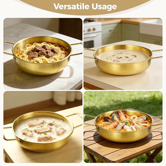 4Pcs Korean Ramen Pot Set,Stainless Steel Ramen Pot with Double Handles, 8.4-10.7 in Diameter Korean Noodle Pot Golden Soup Pots & Cooking Pots for Stove,Pasta,Soup