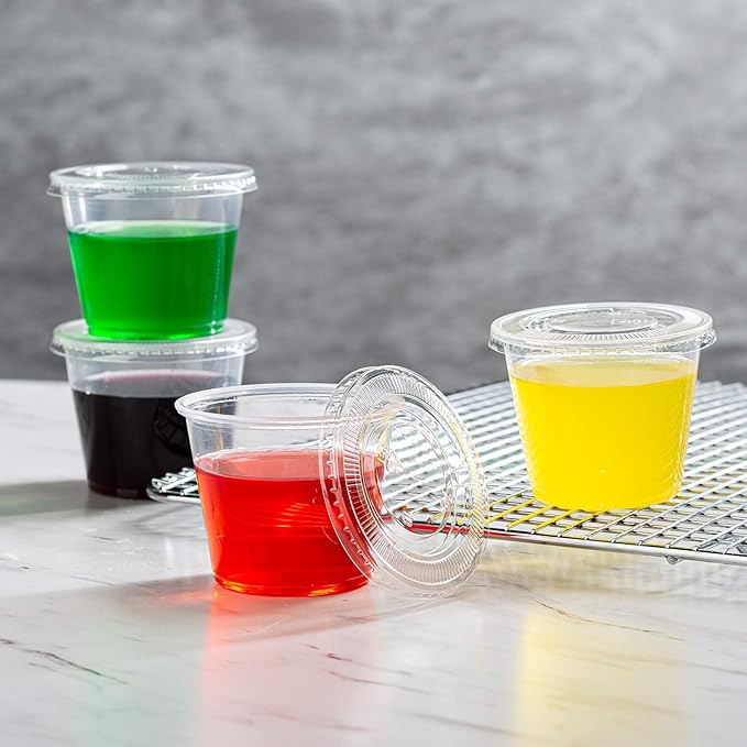 Zeml Portion Cups with Lids (5.5 Ounces, 100 Pack) | Disposable Plastic Cups for Meal Prep, Portion Control, Salad Dressing, & Medicine | Small Plastic Condiment Container