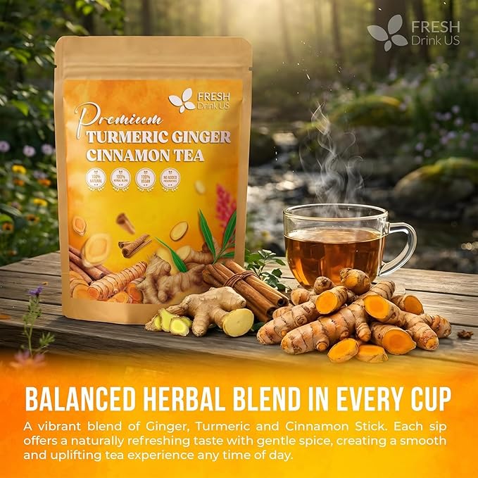 FreshDrinkUS, Premium Turmeric Ginger Cinnamon Tea Bags | 135 Tea Bags | Herbal Spice Tea Blend, Naturally Caffeine Free, Warm & Aromatic Flavor, 100% Natural Ingredients, Convenient Tea Bags