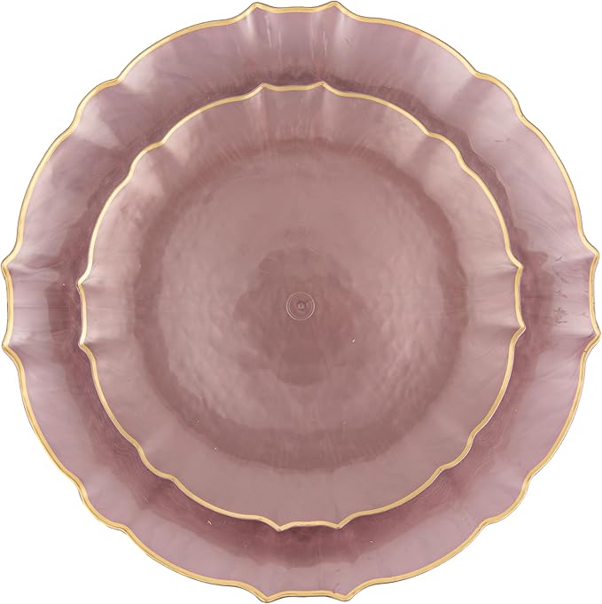 PLASTICPRO 24 Piece Aristocratic Combo Plastic Dinner Plates Disposable Plastic Fancy Heavy Duty Party Dishes 12, 7'' inch and 12, 10'' inch, Pearl Pink With Gold Rim