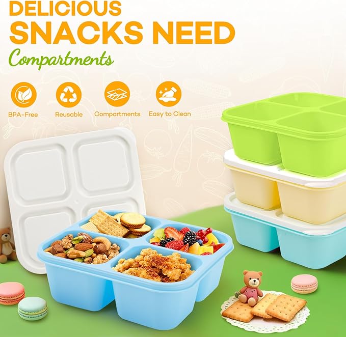 Bento Box Adult Lunch Box- 4 Pack,4 Compartment Snack Containers Reusable Meal Prep Stackable BPA-Free Lunch Containers for Home, Work, Travel (4 Color)
