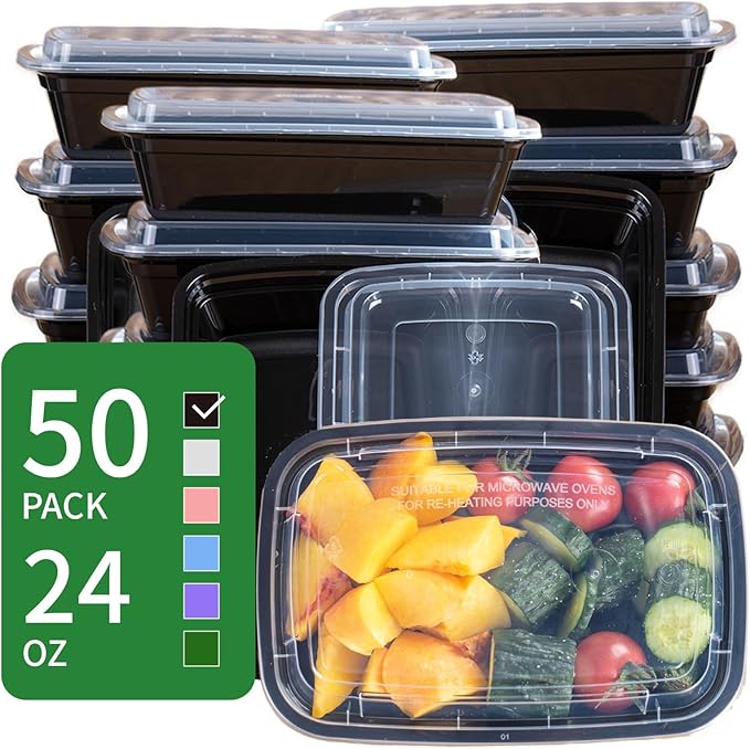24 oz Meal Prep Containers - 50 Pack Bulk, Leakproof with Lids, Microwave/Freezer/Dishwasher Safe - For Salads, Sides & Portion Control