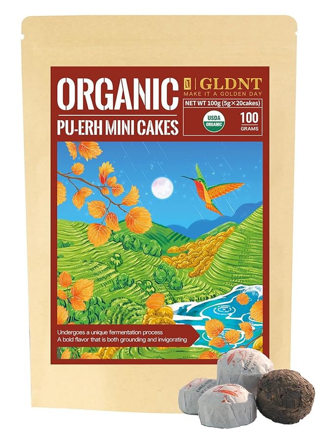 GLDNT Organic Pu-erh Tea, 20 Count Organic Puerh Mini Cakes, Glutinous Rice Aroma, Smooth & Mellow Flavor, Caffeinated, 3.5oz