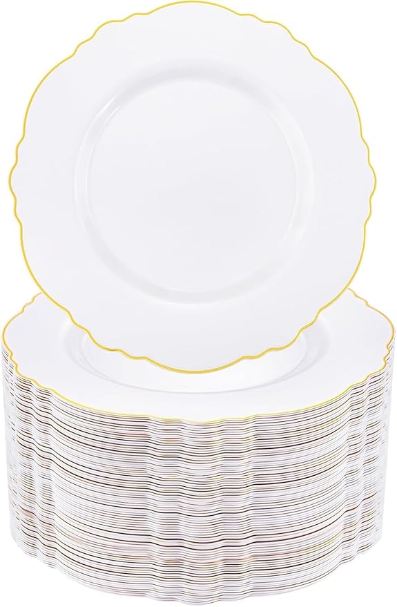 WDF 60pcs Gold Plastic Dinner Plates -10.25inch Baroque White and Gold Plates Fancy Plastic Plates for Upscale Party/Wedding/Birthday