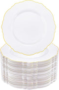 WDF 60pcs Gold Plastic Dinner Plates -10.25inch Baroque White and Gold Plates Fancy Plastic Plates for Upscale Party/Wedding/Birthday