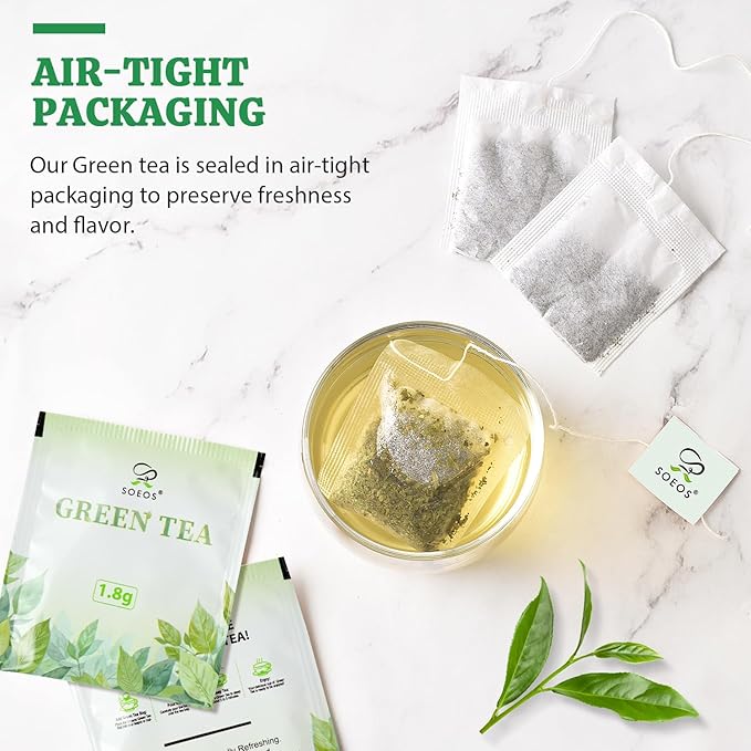 Soeos Green Tea, 6.3 oz (180g), 100 Tea Bags, Refreshing and Fragrant, Sustainably Sourced, Ideal for Hot or Iced Tea, Long-Lasting Freshness