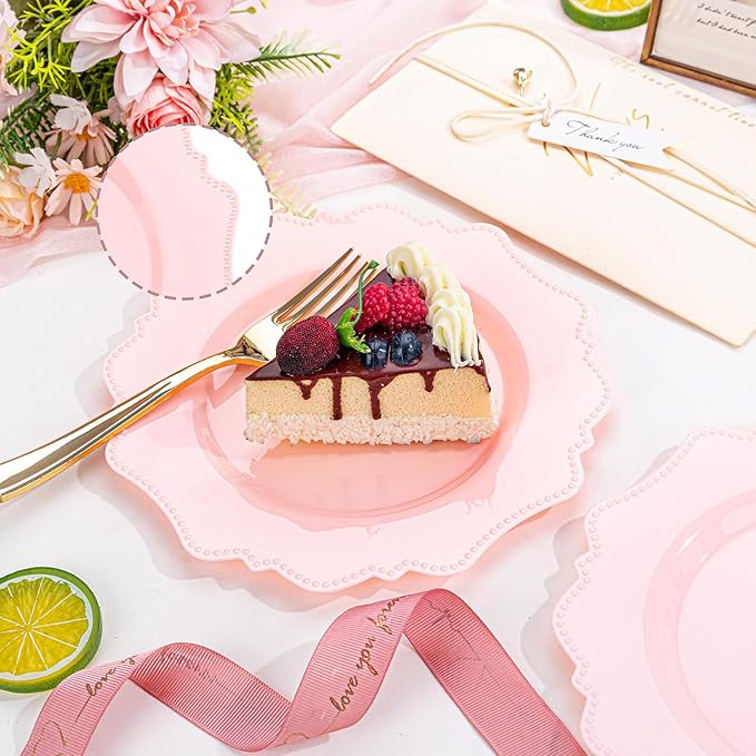 COLOSUS 60pcs Pink Plastic Dessert Plates - 7.5 Inch- Heavy Duty Disposable Plastic Appetizer/Salad/Cake Plates for Party Wedding and Everyday Use,Easter Day