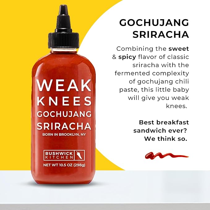 Bushwick Kitchen Sriracha Sampler Gift Box, Set Includes Gochujang Sriracha, Super Spicy Gochujang Sriracha, Curry Sriracha Hot Sauce, 5 Recipes, Chile Pepper Dish Towel, and Bushwick Kitchen Gift Box