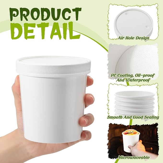 Fulmoon 100 Pack Paper Soup Containers with Lids Disposable Paper Food Containers with Vented Lid Kraft Ice Cream Cake Dessert Cups Soup Bowl for Party Hot Food Fruit Microwave(16 oz,White)