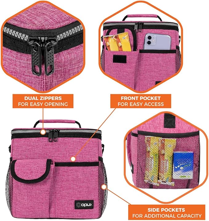 opux Insulated Lunch Box for Men Women Kids, Leakproof Reusable Lunch Bag Cooler for Work School Office, Soft Thermal Lunchbox Tote Shoulder Strap for Boys Girls Adults, Heather Pink, 18 Can/10L