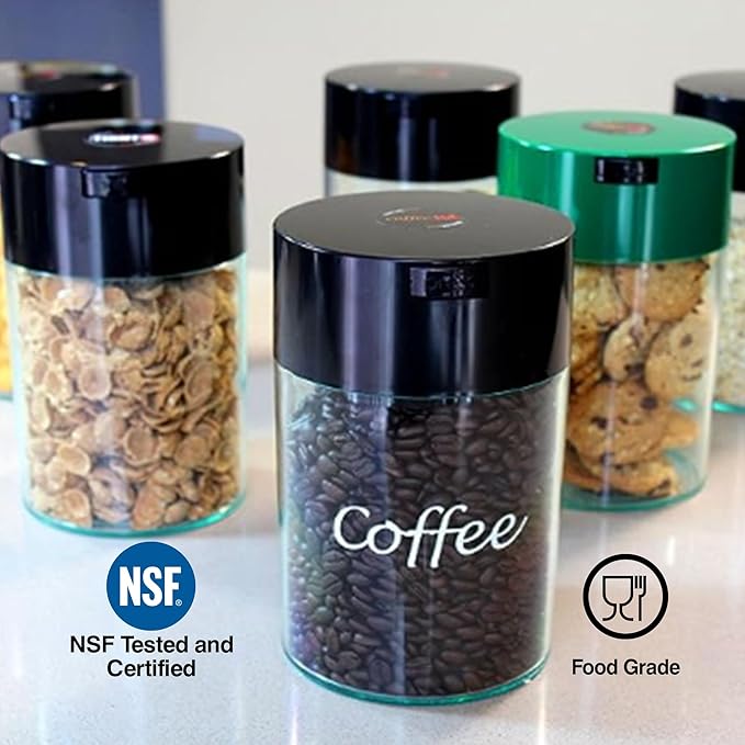 COFFEEVAC 1LB – Patented Airtight Container | Multi-use Vacuum Container Works as Smell Proof Containers for Ground Coffee and Coffee Bean Containers. Black Cap and Clear Body