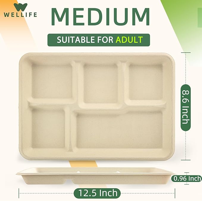 WELLIFE 100% Compostable 5 Compartment Paper Plates, 100 Pack Disposable School Lunch Trays Divided Plates for Adult Youth, 12.5 * 8.6 inch Heavy Duty Eco-Friendly Bagasse Plate for Buffet and Party