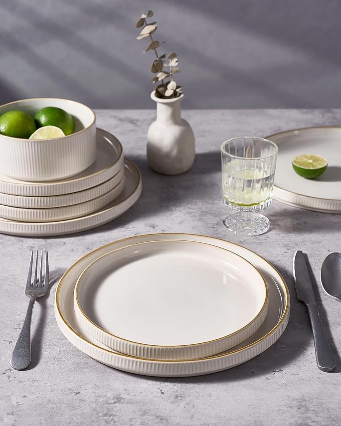 famiware Star Salad Plates for 6, 8 inches Plate Set, Stoneware Dinnerware, Small Dinner Plates for Dessert, Salad, Appetizer,Vanilla White