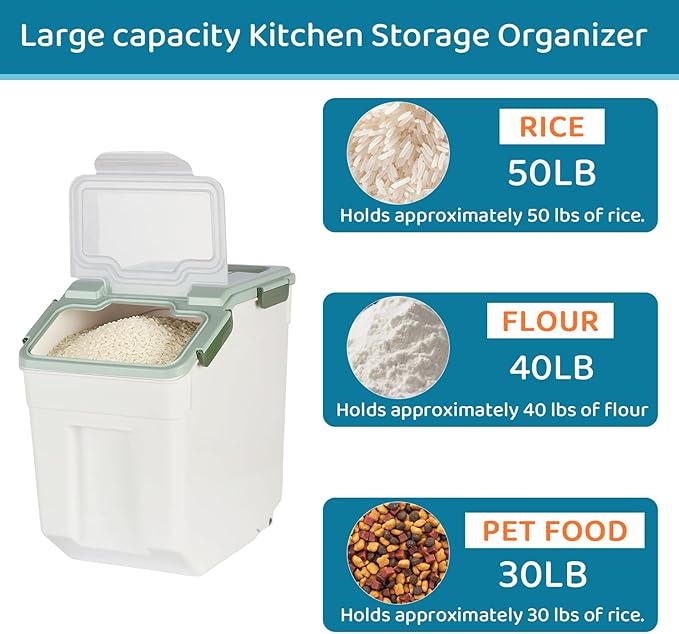 Rice Storage Container 50 lbs Large Household Flour Sugar Containers Airtight Grain Cereal Dispenser with Wheels, Locking Lid & Measuring Cup for Kitchen Pantry Organization, 2 Pack(Green)