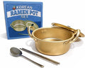 Korean Ramen Pot Set (with Lid, 304 Stainless Steel Spoon & Chopsticks), Gold Korean Ramen Noodle Pot, 30.7oz/900ml, Double Handle, Fast Heating Stovetop Cooking Pot for Shin Ramyun