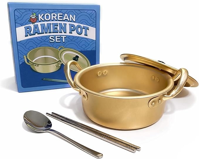 Korean Ramen Pot Set (with Lid, 304 Stainless Steel Spoon & Chopsticks), Gold Korean Ramen Noodle Pot, 30.7oz/900ml, Double Handle, Fast Heating Stovetop Cooking Pot for Shin Ramyun