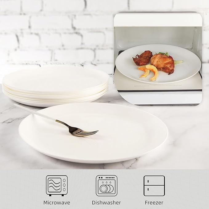 Dinner Plates Set of 12, 10-1/2 inch Glass Salad Plate Set Scratch Resistant, Kitchen White Plates for Serving Dishes, Microwave and Dishwasher Safe