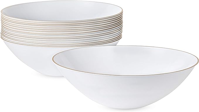 [16 OZ 10 Count] White Plastic Floral Design Party Soup bowls With Gold Rim Premium heavyweight Elegant Disposable Tableware Dishes