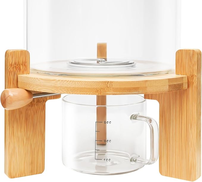 5L Glass Rice Dispenser with Wooden Stand, 1.32 Gal Flour Storage Container, Grain Storage-Bucket Tabletop Cereal Containers w/Manual Venting Valve,Thermometer, Lid, Measuring Cup ﻿ (5L, 1.32Gal)