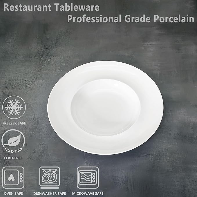 Pasta Plates with Rim 17.1 oz, Soup Bowl Pasta Bowl Set of 4, White Shallow Bowl Plate, Ceramic Wide Rimmed Soup Bowl, Best choice for high-end restaurants, hotels, and foodies, 11.3 Inch