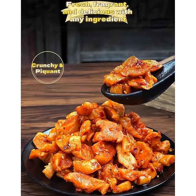 JOIYSVEN Spicy Pickled Radish, Crisp and Spicy Radish Kimchi, Korean,served with Rice, Noodles, or As A Snack. 400g, 14.1 Oz