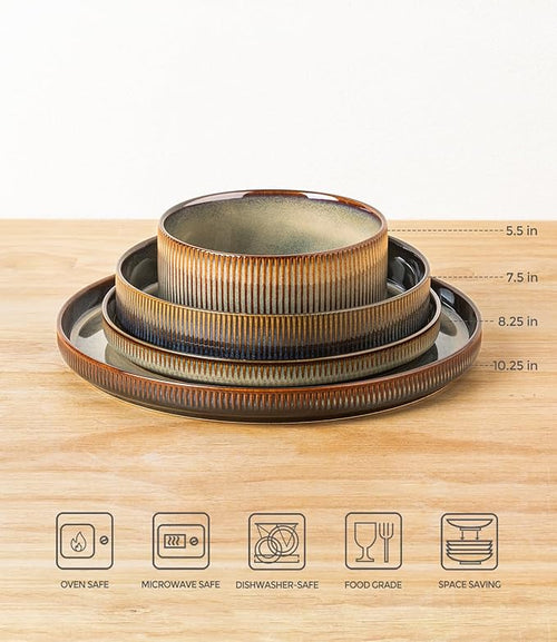 TheTerra Ceramic Dinnerware Sets with Pasta Bowls for 4, 16 Pieces Porcelain Lightweight Plates and Bowls Sets, Scratch Resistant Dish Set, Oven & Microwave & Dishwasher Safe, Coca Mocha