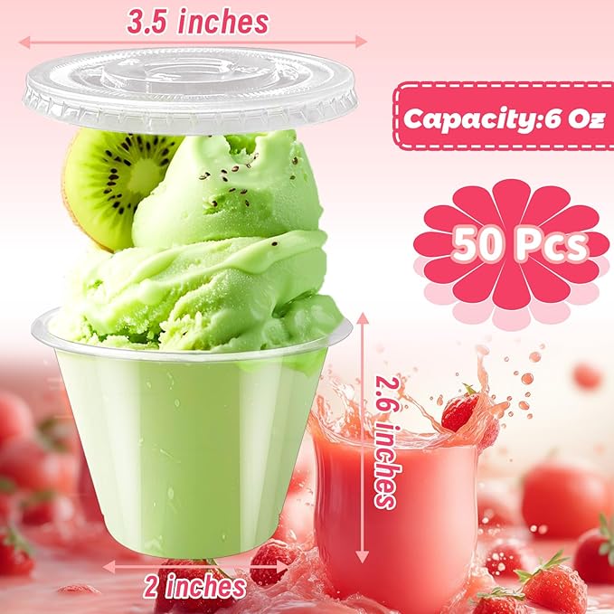 Szsrcywd 50 Pack 6 Oz Plastic Cups with Flat Lids,Clear Disposable Dessert Cup,Leakproof Party Containers for Fruit,Ice Cream,Cold Drinks,Mousse,Yogurt(No Hole)