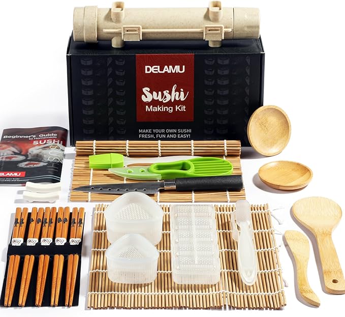 Sushi Making Kit, Delamu Upgrade 22 in 1 Sushi Maker Kit with Bamboo Mats, Chef's Knife, Triangle/Nigiri/Gunkan Sushi Mold, Chopsticks, Guide&More