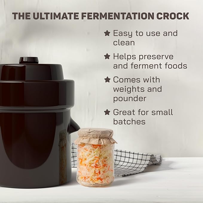 Fermentation Crock 1/2 Gallon - Sauerkraut Crock with Lid, Weights & Pounder - Ceramic Fermenting Crock Kit for Pickling Cabbage Kimchi Vegetables - 2 Liter Fermentation Jar - Stoneware Pickle Pot