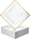 JOLLY CHEF 60 Pack Plastic Dinner Plates- Square Gold Plastic Plates with Elegant Gold Rim 9.5 Inch Disposable for Wedding, Birthday, Halloween and Party
