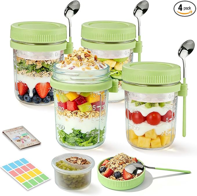 4 Pack Overnight Oats Containers with Lids and Spoons - 16 oz Glass Mason Jars with Dressing Cup, Over night Oat Jars for Meal Prep, Yogurt Parfait Cup for Chiaseed Salad (Green)