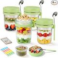 4 Pack Overnight Oats Containers with Lids and Spoons - 16 oz Glass Mason Jars with Dressing Cup, Over night Oat Jars for Meal Prep, Yogurt Parfait Cup for Chiaseed Salad (Green)