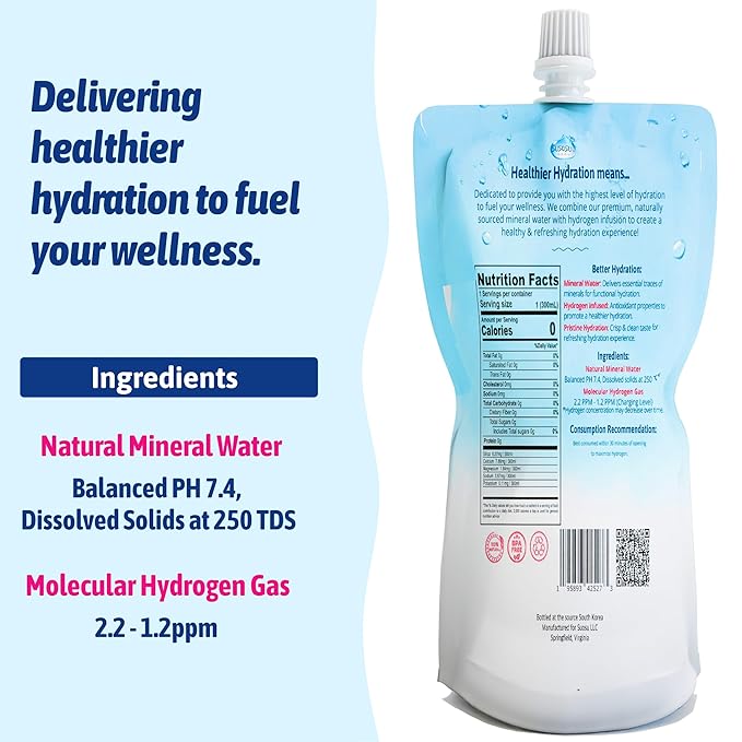 Susosu Water - Hydrogen Infused Natural Mineral Water from South Korea, Crisp Taste, Supports Daily Hydration, BPA Free Aluminum Pouch (10.5 fl oz, 20 Pack)
