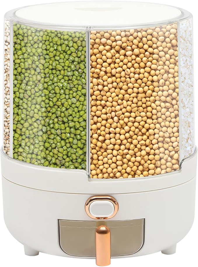 Modern 6-Compartment Round Grain Storage Container Dispenser, 360 Rotating, 9.92 lbs Capacity, White
