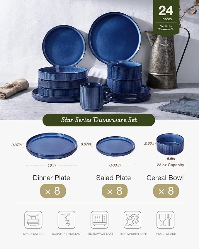 Famiware Star 24-Piece Plates and Bowls Set with Trim, Service for 8 - Stoneware Reactive Glaze Dinnerware, High Edge Ribbed Dishes, Chip & Scratch Resistant, Microwave & Dishwasher Safe, Nebulas Blue